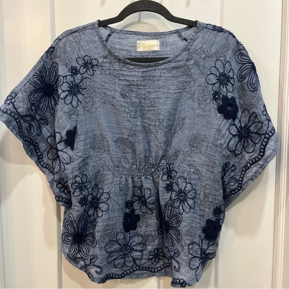 Lilly of California Women’s Blouse Blue Floral Embroidered Flutter Sleeve Size S